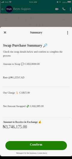 Swap purchase confirmation